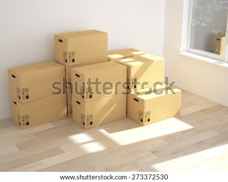 3d Interior with moving boxes. 3d rendering