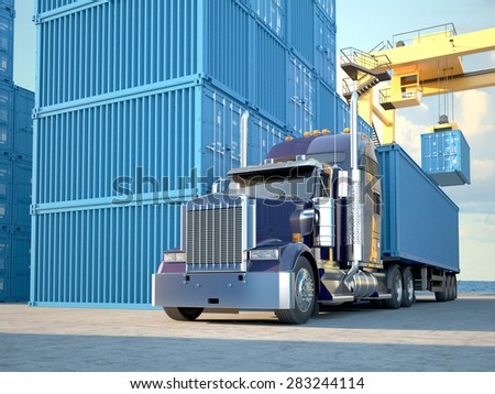 Stack of Freight Containers at the Docks with Truck. 3d rendering