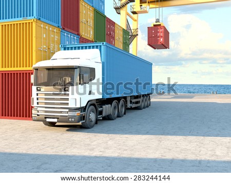 Stack of Freight Containers at the Docks with Truck. 3d rendering