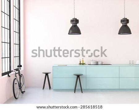 interior, beautiful kitchen of an old loft. 3d rendering