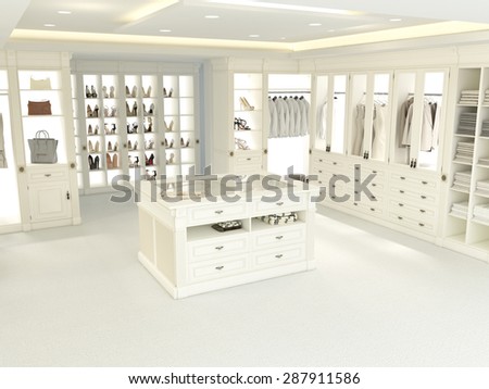 an american luxury walkin closet with many space. 3d rendering