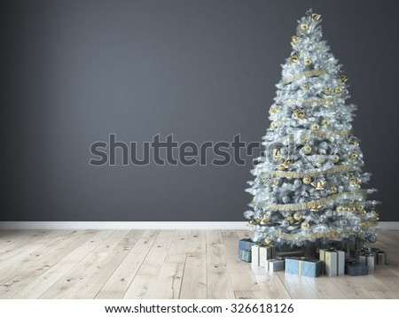 Christmas tree with gifts on grey background. 3d rendering