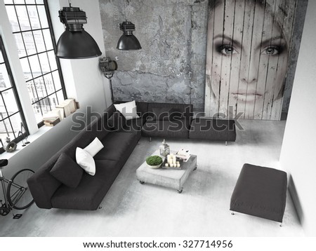 living room of a penthouse placed in loft. 3d rendering