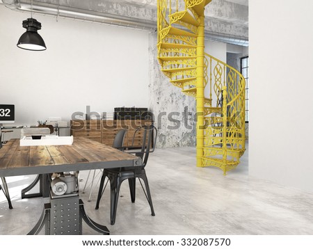 Spiral stairs and living room in modern loft.3d rendering
