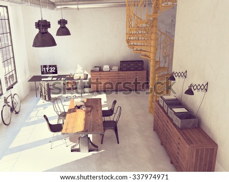 Spiral stairs and living room in modern loft.3d rendering