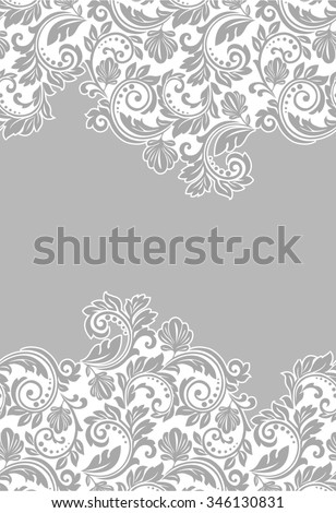 Lace pattern in Eastern style on scroll work background. Ornate element for design. Place for text. Ornamental pattern for wedding invitations, greeting cards.Traditional outline decor