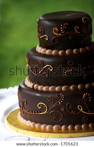 A multi layered chocolate coffee flavored wedding cake with a blurred green background and a detailed design