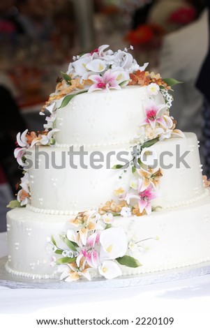 stock photo This is a white wedding cake with what appears to be real 