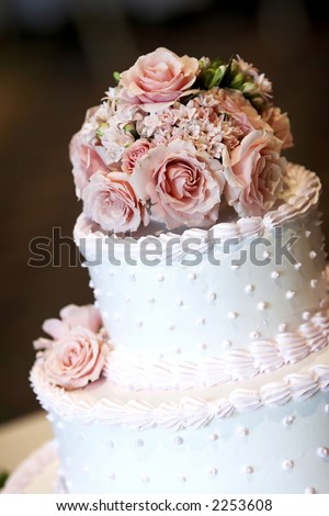 A pink and white wedding cake with roses on top. Shallow depth of field with a very blurry background