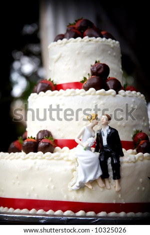 little bride and groom sit on this strawberry covered wedding cake ready