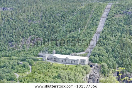 The Vemork hydroelectric plant in Rjukan, Norway from hillside opposite side. The first plant in the world to mass-produce heavy water.