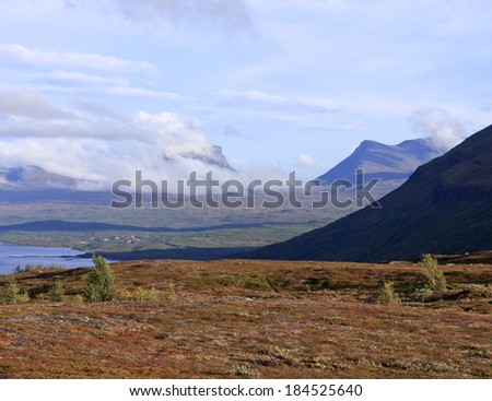 Lapporten from the Bjorkliden in Lapland.  Autumn colors on the hills. Well known view in Scandinavian.