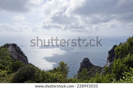 View from a cliff above the Sea. Steep cliffs into the sea, Changing weather, sunny and shadow.