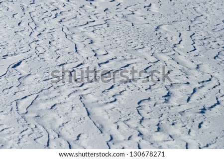 Close up of white snow surface, winter sunny day