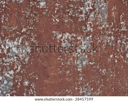 Old brown paint peeling from galvanized metal sheet