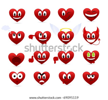 Set of smilies of heart shape with many emotions. Vector illustration.