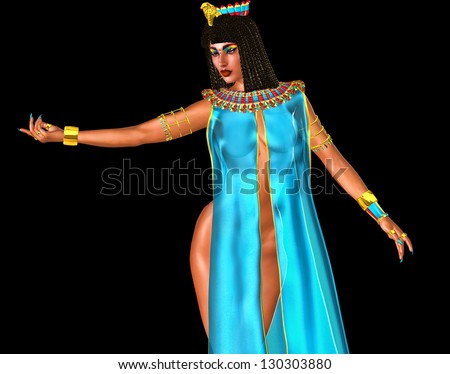 Egyptian woman isolated on black. The Art Of Seduction. A gorgeous Egyptian queen attired in a sensual turquoise silk gown uses her sinuous curves while proposing an idea to her Pharaoh.