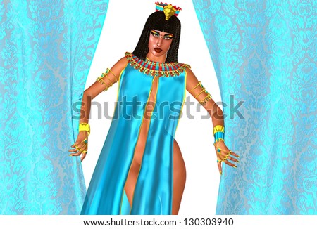 Egyptian woman between curtains. A gorgeous Egyptian woman attired in turquoise silk seductively opens her bedroom curtains to let a lover in.