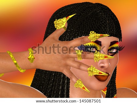Snake Fingers.  This render of a beauty with fingers adorned with golden snake heads tells the tale of wealth gained by insidious virtue.