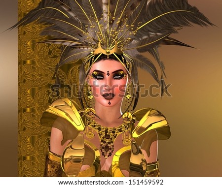 Close up of beautiful fashion model with feather headdress in a metallic gold outfit.   Suitable for depicting beauty, power and fashion design.