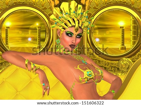 Gold crown with gemstones adorns a confident woman sitting on a couch with a seductive face.  The abstract gold background adds an element of fantasy to the scene.