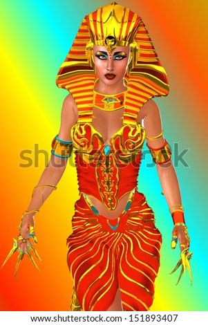 A conceptual image of a beautiful Egyptian Pharaoh Queen standing in a powerful posture. Her body is adorned with jewels including long golden finger nail accessories.  Egyptian fantasy digital art