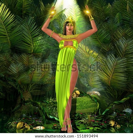 A sensual Earth Goddess standing amongst plants with her arms raised and mystical lights illuminating the scene.  Her green dress and bare feet speak of her connection with the Earth.