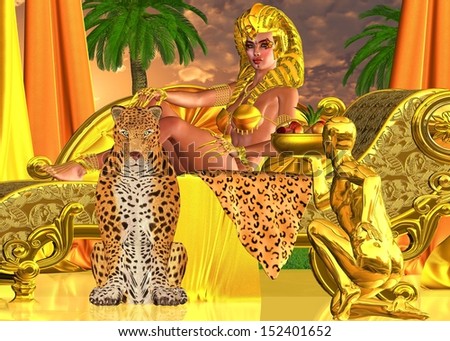 Serve the Pharaoh Queen.  A golden servant presents a bowl of fruit to his Egyptian queen while she lies on a chase lounge with a leopard at her feet. Egyptian digital art fantasy scene.