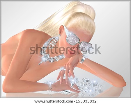Diamonds Galore, a beautiful blonde woman plays with loose diamonds while wearing a diamond necklace, rings, sunglasses and is lying on a reflective floor to add even more sparkle to the scene.