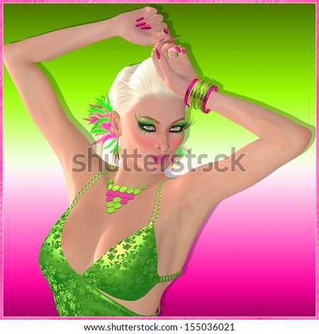 Party flier dancing blonde girl on abstract green and pink background. She dances to the music of her favorite DJ in this club scene.