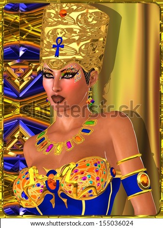 Egyptian Beauty with bejeweled eye makeup, bra and crown against a gold, blue and copper abstract background.  Gemstones adorn this beautiful Egyptian woman from head to toe.