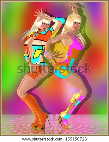 Retro Dance Girls. An abstract background enhances two blonde dance girls in retro fashion outfits. They dance to the music of their favorite DJ and keep the party moving.