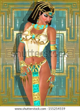 Egyptian princess on an abstract gold and turquoise background. Gold jewelry adorns her body in an opulent display of Egyptian wealth and beauty.