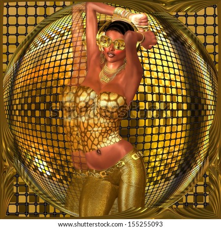 Disco Ball Dance Girl. A Sexy Girl Dances In Front Of A Gold Disco Ball While Wearing Gold Sunglasses, Pants And A Halter Top. The Dj Plays Her Favorite Music As She Ignites The Night With Her Moves