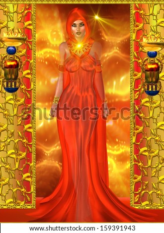Spiritual woman in red.  A sensual, magical woman in a sheer red dress set against an abstract background of optical lights in gold and reds with beautiful face makeup and a magic necklace.