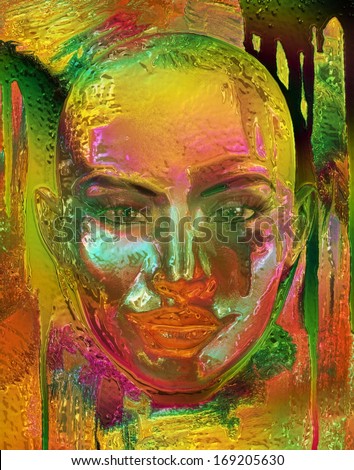 Metallic gold, rust, pink and yellow abstract of a womans face.  Her undeniable female, facial features are contrasted by her bald style.