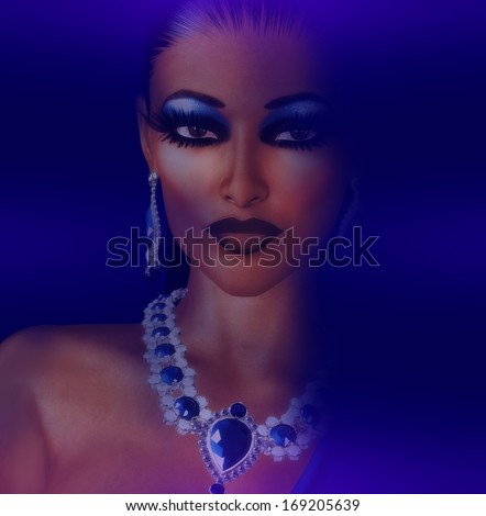 Elegant woman in jewels on a dark blue gradient background.  Evening looks even more inviting on the sight of this womans eyes, makeup and jewels.