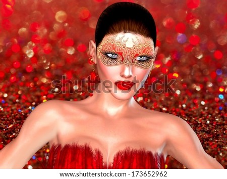 Valentine\'s day woman on bokeh background of red glitter and sparkles.  A masquerade mask adds to the mystery of this Valentine\'s day heart breaker.