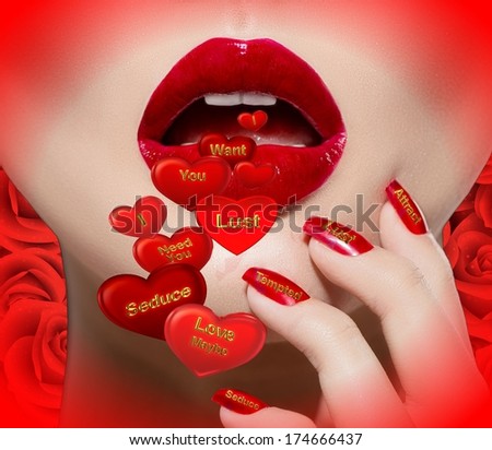 Love Speaks. Red Hearts Flow From The Lips Of A Beautiful Woman And They Have Words Of Love Written All Over Them. Perfect Image To Communicate Love Themed Messages.