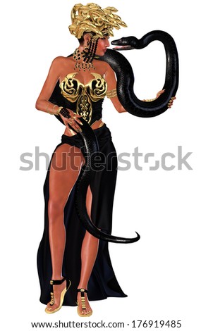 Snake charmer, sexy. with python.  A high slit black dress, gold medusa style headdress and gold bustier adorn this woman who easily charms  this snake as well as everyone who sees her.