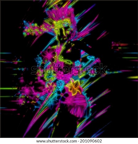Punk, Neon Party Girl.  This abstract digital art image is a punk girl in neon and floral against a black background.