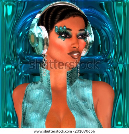 Beautiful girl with headphones can be a dj for a party or club scene.  Pretty woman listening to music on headphones in fashion makeup and outfit on metallic green background.