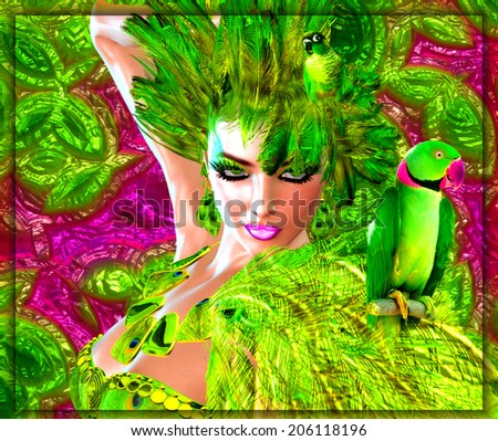 A wild digital art fashion scene with an exotic green feathered outfit worn by a stunning 3d model.Parrots an abstract backround and some fun and you have this eye popping scene sure to get attention.