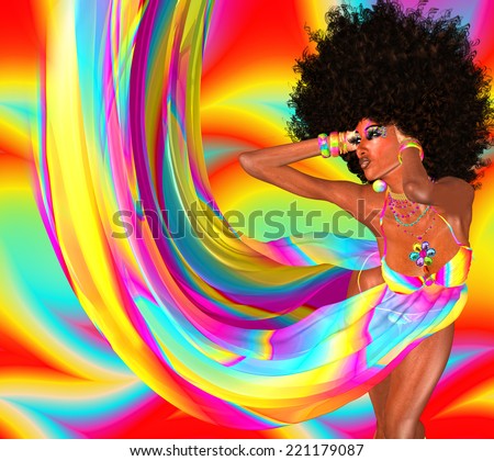 Sexy woman with afro haircut is dancing disco. Disco 80 style. Beautiful African woman in a colorful flowing ribbons outfit..
