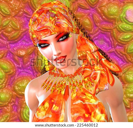 An orange head scarf is worn by a beautiful woman with great fashion sense.  Matching makeup, outfit and abstract background all come together to complete this modern digital art image.