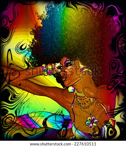 Woman with an Afro poses through a colorful textured background in this modern digital art scene.