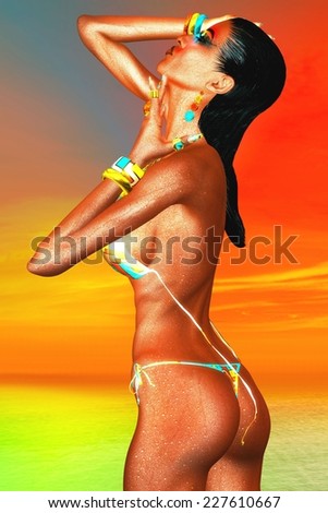 Thong Bikini.  Attractive brunette against an abstract gradient beach scene background.  A health, fit, tan body with wet hair complete this digital art look.