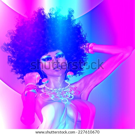 Purple Abstract digital art image of a punk woman wearing an afro hairstyle. Fashion makeup, eye shadow and chic accessories complete the look