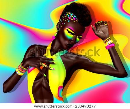 Punk Mohawk Woman. A colorful background matches the cosmetics and fashion outfit of this beautiful African woman with a punk Mohawk hairstyle and retro look. Her skin is radiant and glowing.