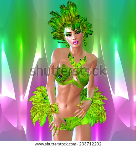 Carnival dancer woman in green feathers and headdress dances in front of a colorful abstract background that matches her outfit. Perfect for party scenes, celebration, beauty and fashion themes.